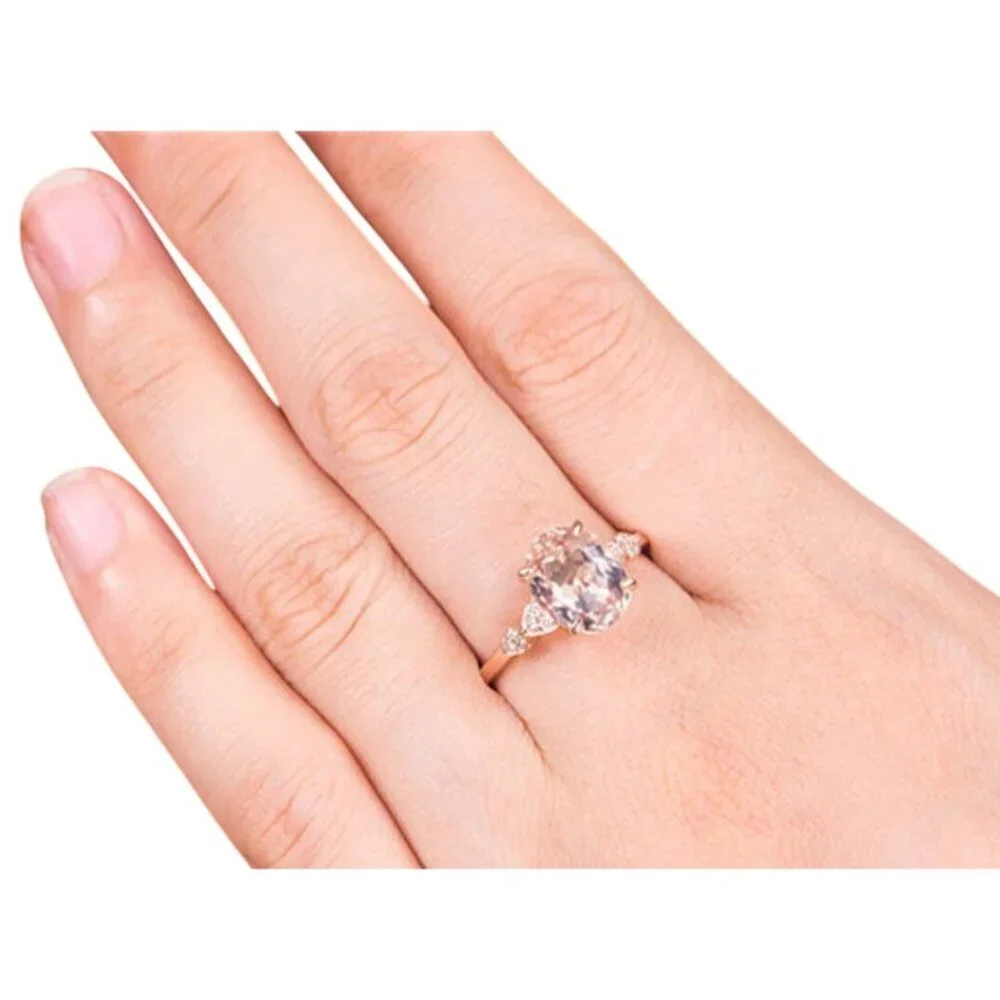 Oval Cut Morganite Engagement Bridal Ring Rose Gold Half Eternity Diamond Hearts